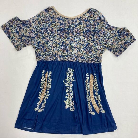 Chicyea Floral Print Dress / Tunic SZ XL Above Knee Cold Shoulder Style Blue New - Picture 3 of 10